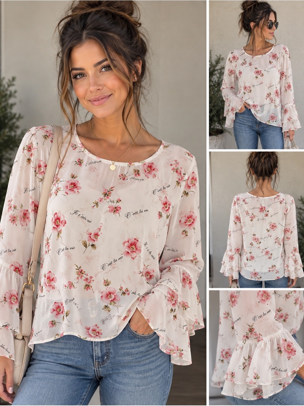 Forever 21 Romantic Floral "C'est La Vie" Bell Sleeve Chiffon Blouse - Size S